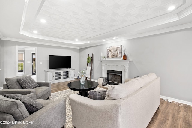 living room featuring a tray ceiling, crown molding, and wood-type flooring