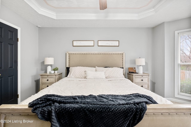 bedroom with a raised ceiling, ceiling fan, and crown molding