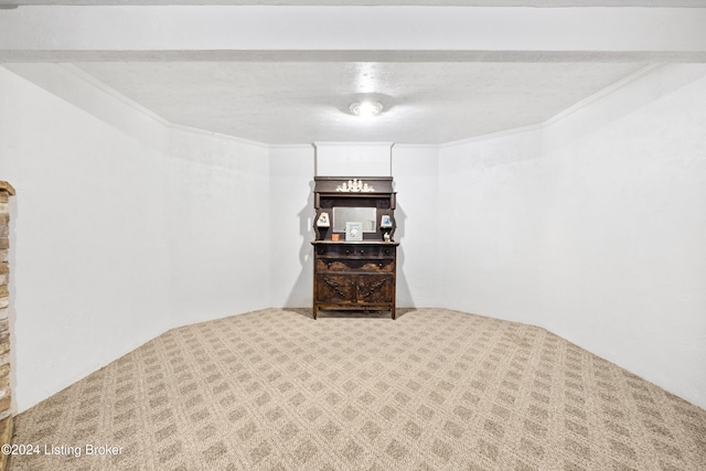 basement with carpet, ornamental molding, and a textured ceiling