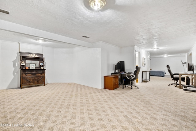 office area featuring light colored carpet and a textured ceiling