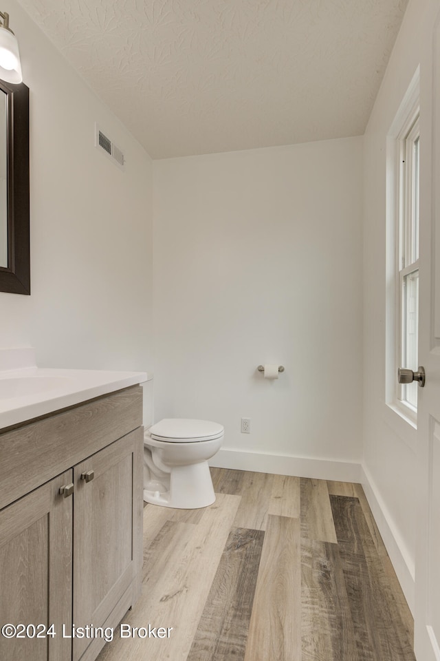 bathroom featuring vanity, wood-type flooring, a textured ceiling, and toilet