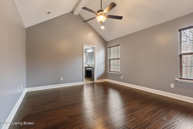 304 Hidden Falls Dr, Mt Washington, KY 40047 - unfurnished room with ceiling fan, beam ceiling, high vaulted ceiling, dark wood finished floors, and baseboards
