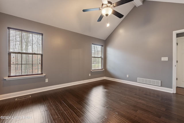 spare room featuring high vaulted ceiling, beamed ceiling, wood-type flooring, and ceiling fan