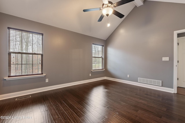 304 Hidden Falls Dr, Mt Washington, KY 40047 - empty room featuring high vaulted ceiling, ceiling fan, hardwood / wood-style floors, baseboards, and beamed ceiling