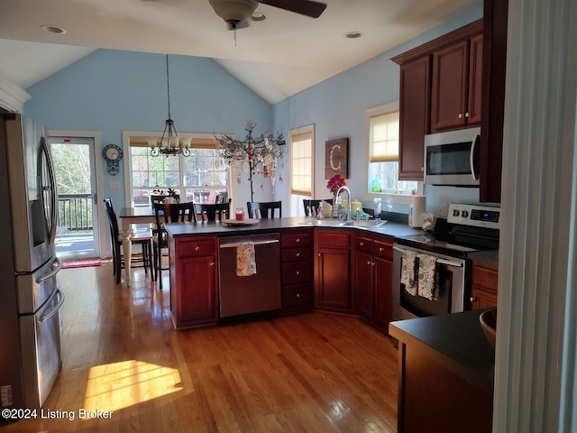 kitchen with a healthy amount of sunlight, light hardwood / wood-style flooring, stainless steel appliances, and lofted ceiling