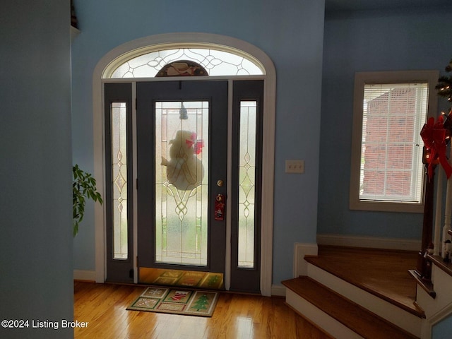 entrance foyer with plenty of natural light and light wood-type flooring