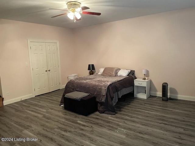 bedroom with ceiling fan, a closet, and dark wood-type flooring