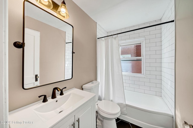 full bathroom featuring tile patterned flooring, vanity, shower / bath combination with curtain, and toilet