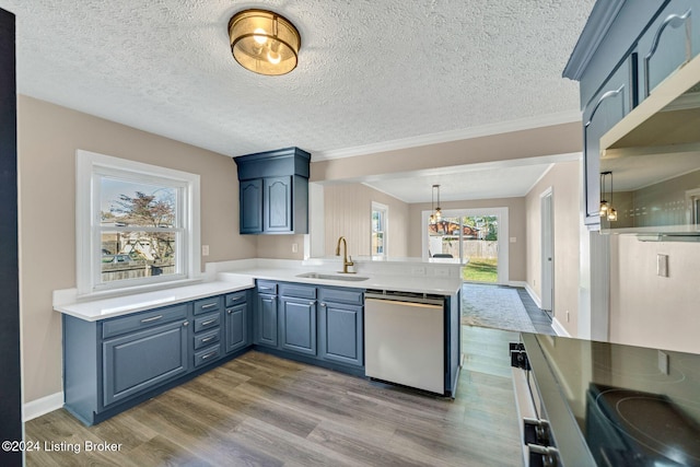 kitchen featuring stainless steel dishwasher, a wealth of natural light, wood-type flooring, and kitchen peninsula