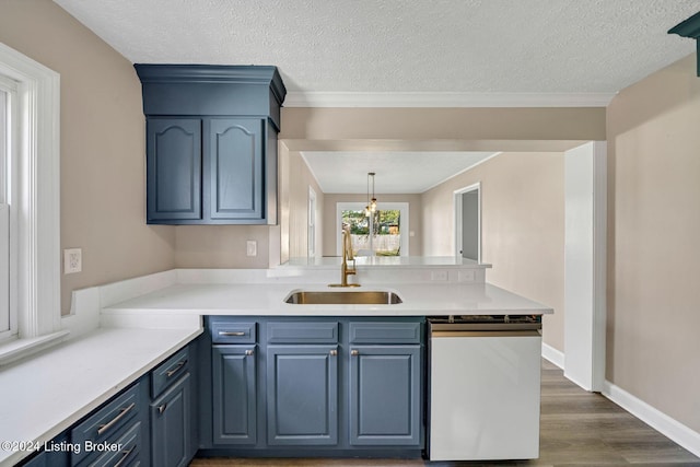 kitchen with stainless steel dishwasher, sink, and a textured ceiling