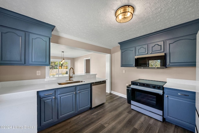 kitchen with electric stove, hanging light fixtures, sink, stainless steel dishwasher, and dark hardwood / wood-style floors