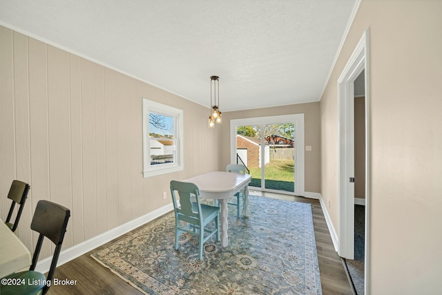 dining room featuring ornamental molding, dark hardwood / wood-style flooring, wood walls, and a textured ceiling