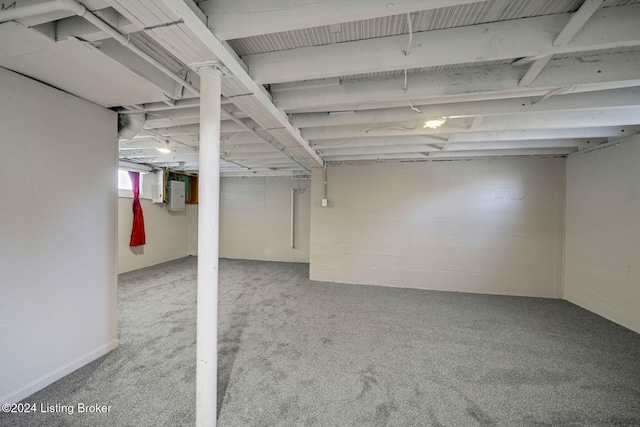 basement with electric panel and carpet