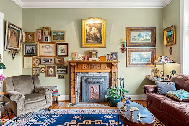 living room featuring hardwood / wood-style floors and ornamental molding