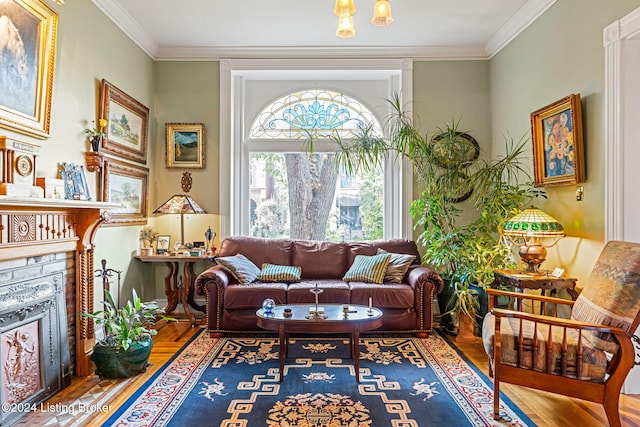 living room featuring ornamental molding, a fireplace, and hardwood / wood-style flooring