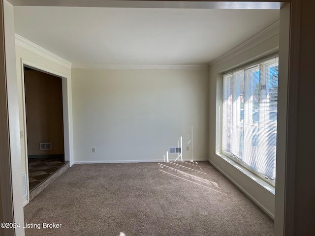 carpeted spare room with crown molding