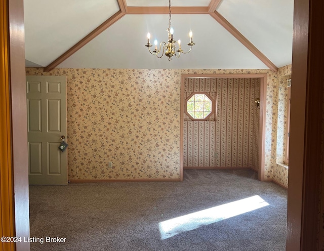 interior space featuring carpet flooring, lofted ceiling, and a notable chandelier