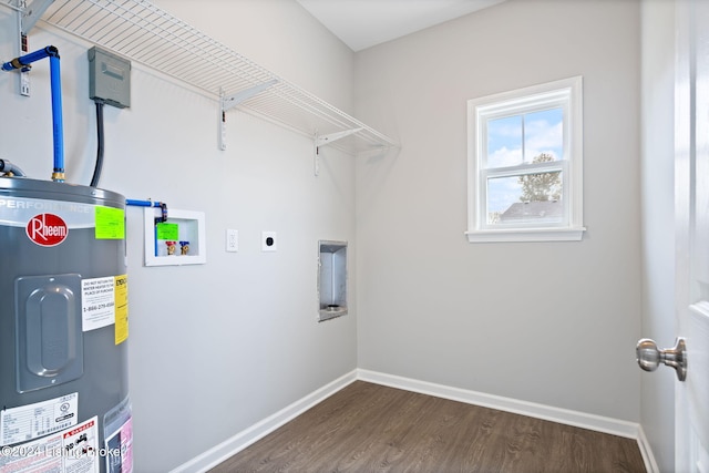 clothes washing area featuring electric water heater, washer hookup, hookup for an electric dryer, and dark hardwood / wood-style flooring