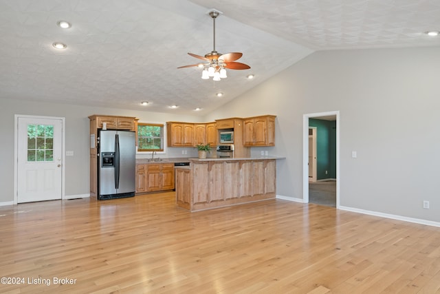 kitchen with stainless steel appliances, plenty of natural light, light wood-type flooring, and kitchen peninsula