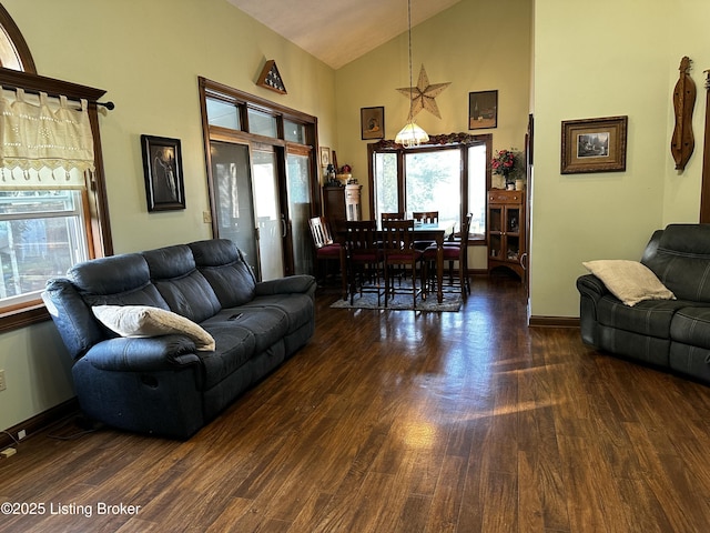 living room featuring lofted ceiling and dark wood-type flooring