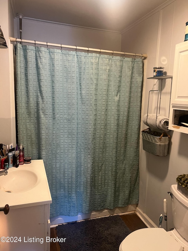 bathroom with crown molding, vanity, and toilet