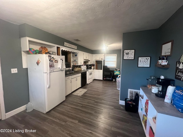 kitchen featuring dark hardwood / wood-style flooring, white appliances, sink, and white cabinets