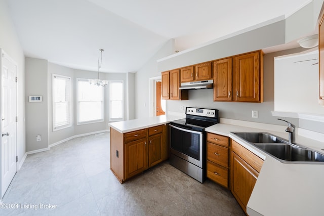 kitchen featuring pendant lighting, sink, vaulted ceiling, electric range, and kitchen peninsula