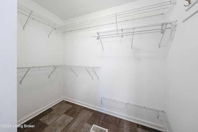 walk in closet with dark hardwood / wood-style floors