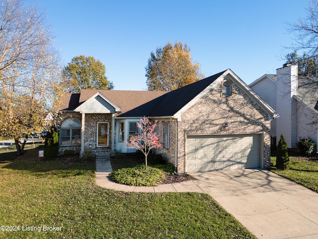 ranch-style house with a front yard and a garage