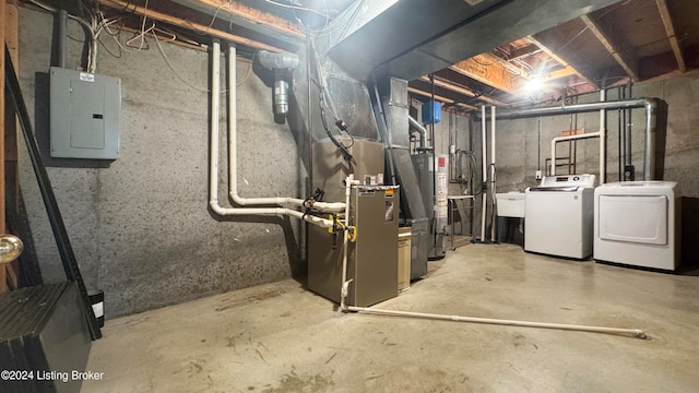 basement with heating unit, independent washer and dryer, electric panel, and water heater