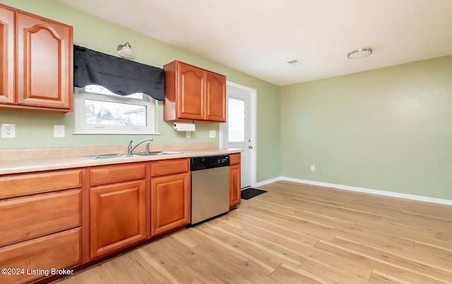 kitchen with sink, dishwasher, and light wood-type flooring