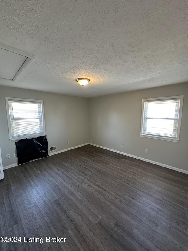 empty room featuring a textured ceiling, plenty of natural light, and dark wood-type flooring