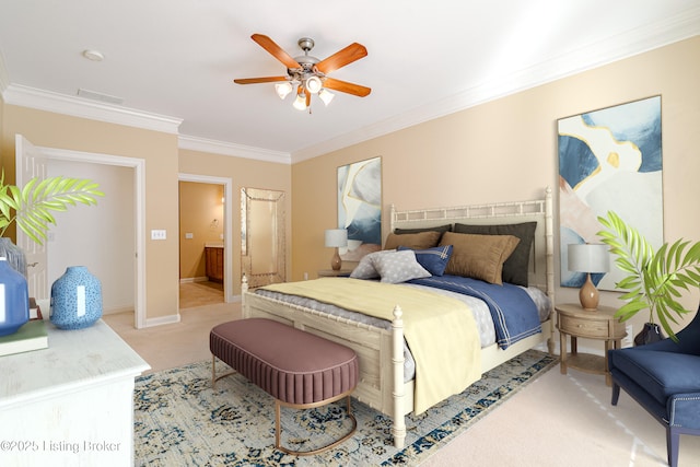 bedroom with ceiling fan, crown molding, and light colored carpet