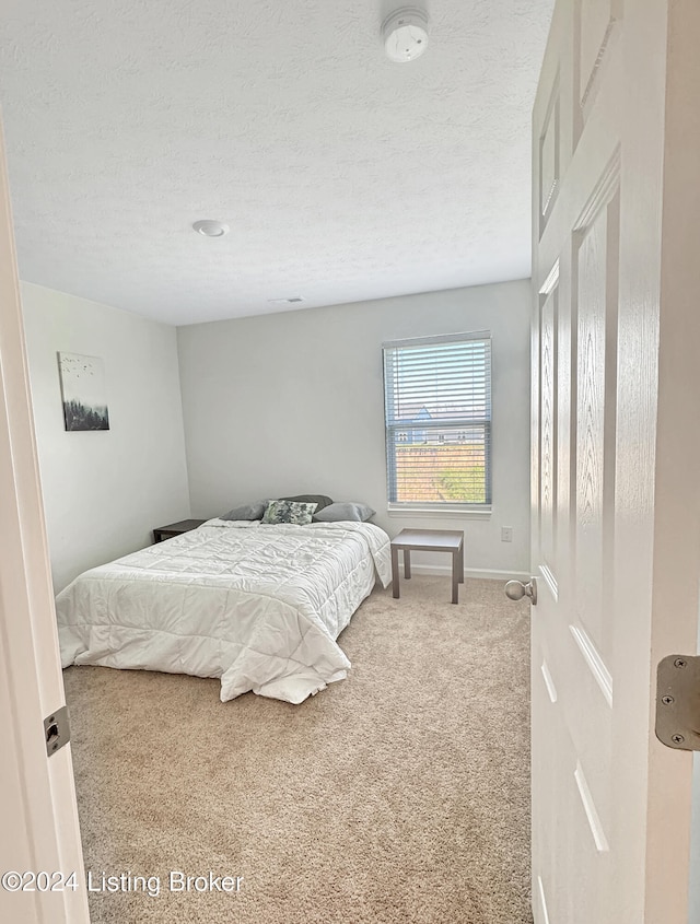 bedroom featuring carpet and a textured ceiling