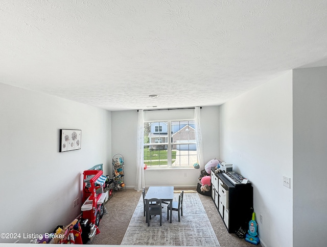 playroom featuring a textured ceiling and carpet floors