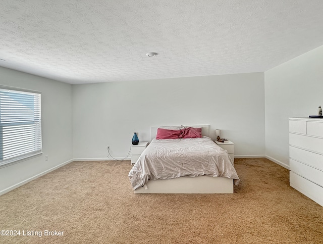 bedroom with light colored carpet and a textured ceiling