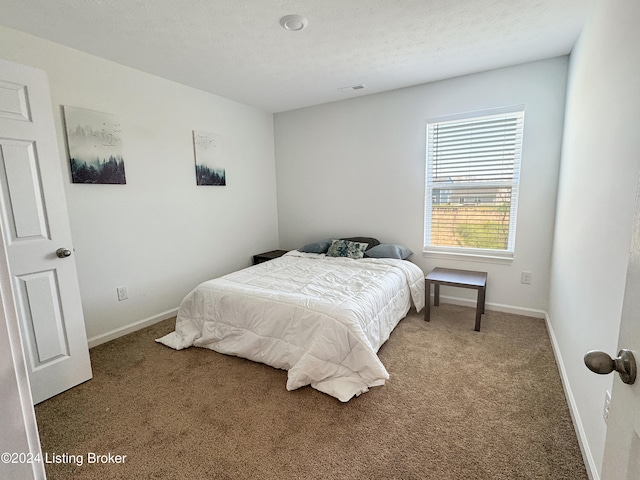 carpeted bedroom with a textured ceiling