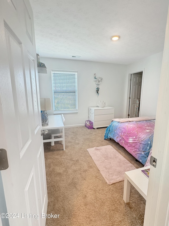 bedroom with carpet flooring and a textured ceiling