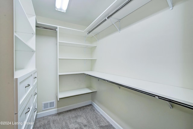 walk in closet featuring light colored carpet