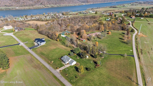 bird's eye view featuring a rural view and a water view