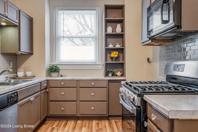 kitchen with decorative backsplash, sink, light wood-type flooring, and appliances with stainless steel finishes