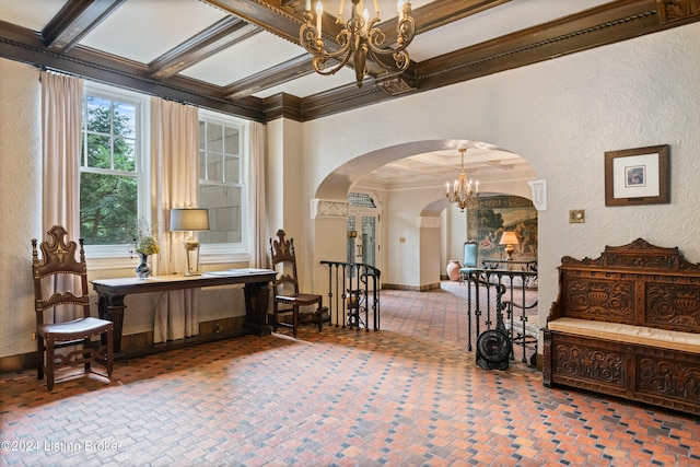 living area with ornamental molding