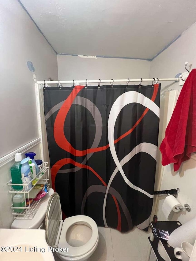 bathroom featuring a shower with curtain and toilet