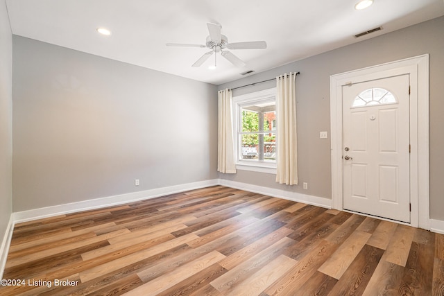 entrance foyer with ceiling fan and light hardwood / wood-style floors