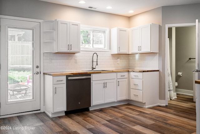 kitchen with butcher block countertops, sink, white cabinets, and stainless steel dishwasher