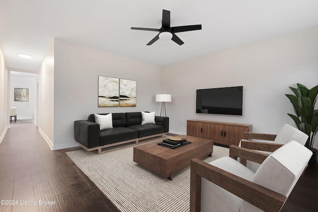 living room with hardwood / wood-style floors and ceiling fan