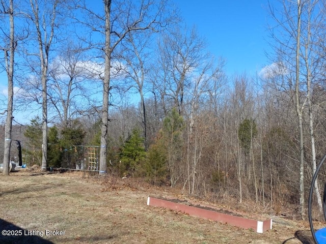 view of yard featuring a forest view