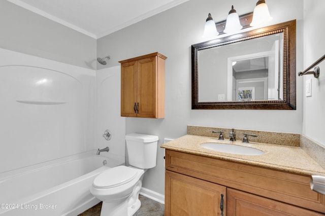 full bathroom featuring tile patterned flooring, bathing tub / shower combination, crown molding, toilet, and vanity