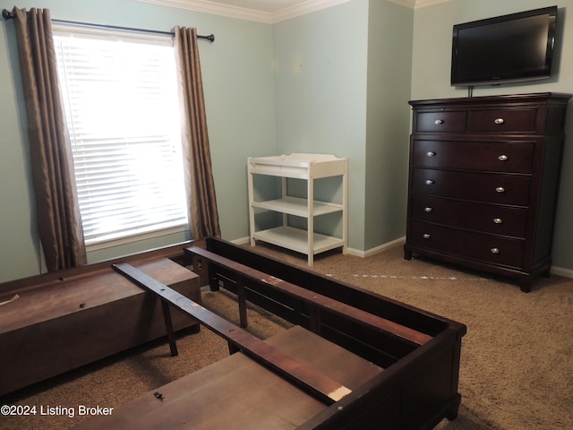 bedroom featuring carpet floors and ornamental molding