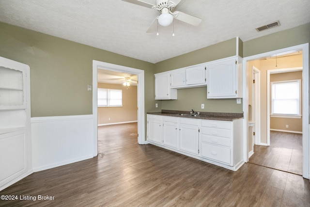 kitchen featuring white cabinets, a textured ceiling, dark wood-type flooring, and sink